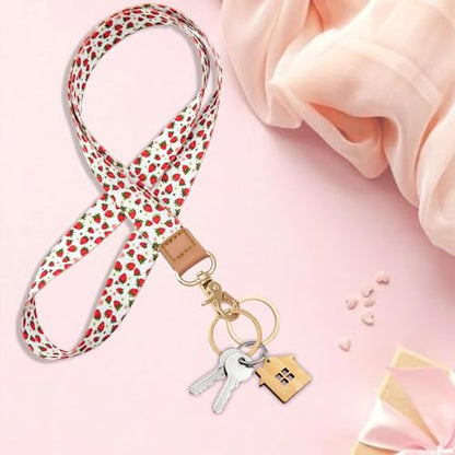 Badge Lanyard for Keys,Long Neck Strap with Metal Hook for ID Badges,Cute Keychain Lanyard for Women Men - color: Cute Strawberry Flower