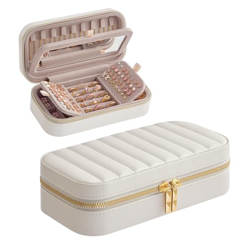 SONGMICS HOME Travel Jewelry Case, Portable Box Organizer with Mirror | Small Jewelry Box, 8.1 x 4.1 x 2.4 Inches, PU Surface with Stitching, Gift Idea, Cloud White, ANAH Collection UJBC180W01 - color: Cloud White, size: 8"W