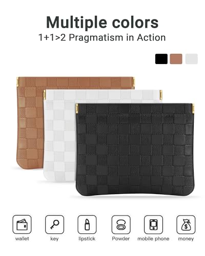 2 Pack Checkered Makeup Bag PU Leather Cosmetic Pouch Snap Closure | 7x5.5 & 4.5x4.5 Inch, Travel Daily Use, Coin Lipstick Holder, Purse Organizer, Stain-Resistant, 3 Colors - color: black