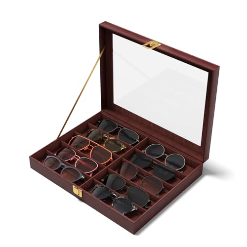 NEWLOOP 10/30 Slots Sunglass Organizer for Multiple Pairs of Eyeglass See-through Display Case Storage Box for Women Men - color: 1 Layer With 10 Slots, Brown