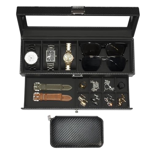 Watch Box and Watch Storage Bag Set,3 Compartment Watch Display Box with Drawers and a Portable Watch Case, Men's Watch Box with Glass Lid, 2 Tier Jewelry and Watch Organizer - style: 3 watches-Black