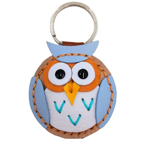 Genuine Leather Keychain, Animal Keyring, Bag Purse Charm Pendant Gifts Handmade, Cute Key Holder, Pets Lover Accessories - color: Owl Light Blue - Nude