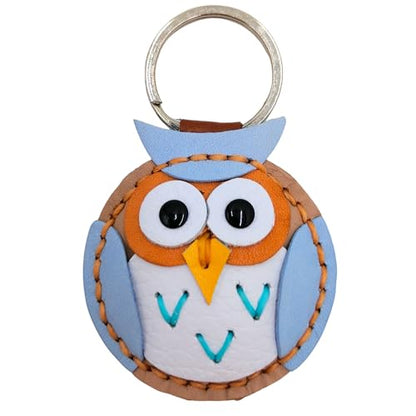 Genuine Leather Keychain, Animal Keyring, Bag Purse Charm Pendant Gifts Handmade, Cute Key Holder, Pets Lover Accessories - color: Owl Light Blue - Nude