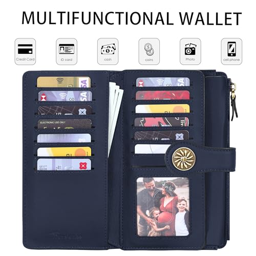 Travelambo Women's Wallet RFID Blocking Trifold Clutch Large Capacity Credit Card Holder Travel Purse - color: ReNapa Blue Navy