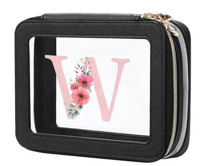 Relavel Personalized Initial Clear Makeup Bag, PU Leather Waterproof Travel Toiletry Bag with Zipper, Portable Skincare Pouch Car Organizer Bag, Idea Gifts for Women Girls, Black W - size: Medium, style: W