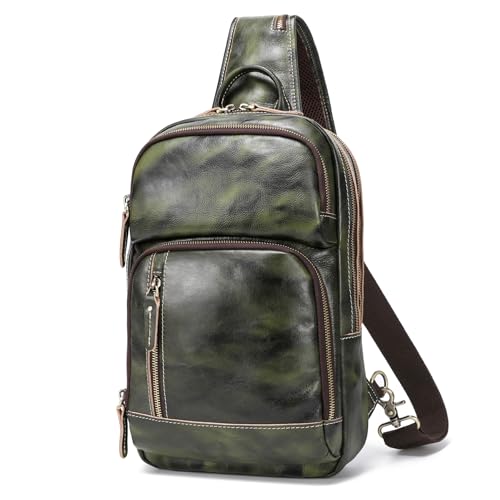 LANNSYNE Full Grain Leather Sling Bag For Men, Crossbody Bag fits 12.9" iPad Crossbody Chest Daypack - color: Green