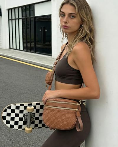 Valentoria Large Woven Leather Crossbody Bags for Women Checkered Bum Bag Sling Bag Purse Adjustable Strap Detachable Wallet | Woven - color: Brown Checkered