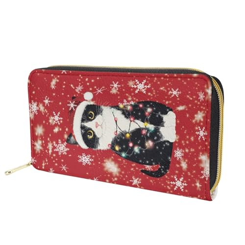AFPANQZ Long Wallet for Women Slim Purse PU Leather Clutch Zip Around Cards Phone Holder - color: Christmas Cat