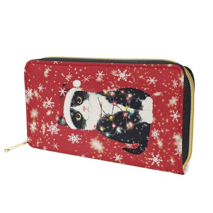 AFPANQZ Long Wallet for Women Slim Purse PU Leather Clutch Zip Around Cards Phone Holder - color: Christmas Cat