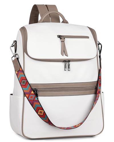 FADEON Laptop Backpack for Women, Vegan Leather 15.6 inch Computer bag | Waterproof Backpack Fits 13 14 inch, Padded Sleeve, Designer Water Bottle Pockets, Luggage Strap for Travel Work School - color: White Retro Style