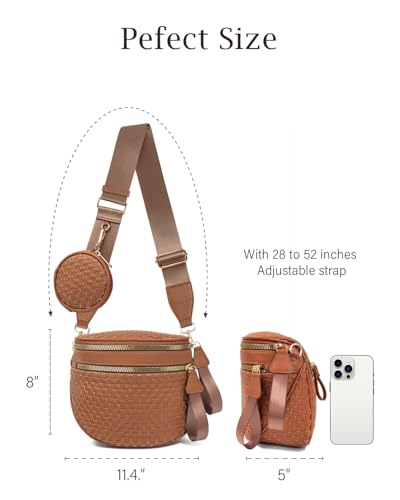 Valentoria Large Woven Leather Crossbody Bags for Women Checkered Bum Bag Sling Bag Purse Adjustable Strap Detachable Wallet | Woven - color: Brown Checkered