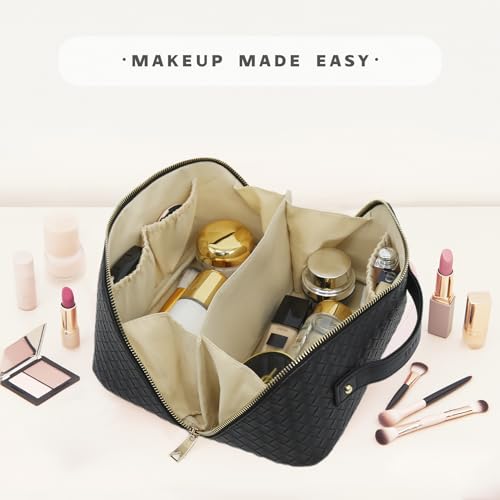 Travel Makeup Bag – Large Cosmetic Organizer with Waterproof PU Leather, Smooth Double Zipper & Tear-Resistant Lining, Toiletry Pouch for Women (Black) - color: 03-Black
