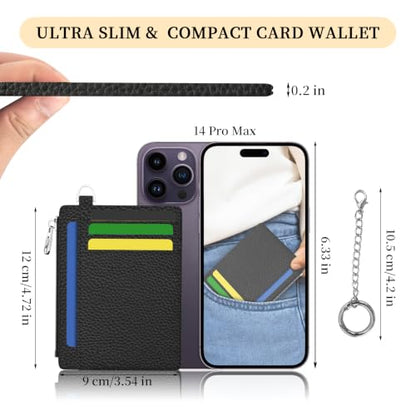 Hancynir Black Minimalist Small Wallet Women Credit Card Holder Slim RFID | Zipper Keychain Wallet, Key Chain, Travel Coin Front Pocket, Ladies Women Men Gifts, Thin Card Case, 6 Card Slots, PU Leather - color: Black Keychain Wallet