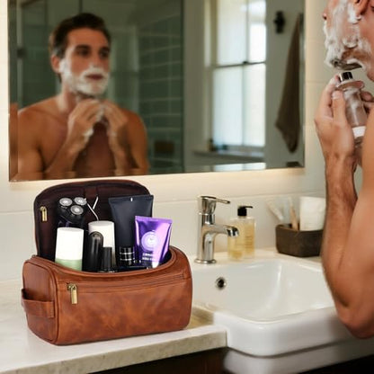 OXYEFEI Personalized Toiletry Bag for Men,Personalized Gifts for Men,Engraved Initial PU Leather Mens Toiletry Travel Shaving Travel Essentials Toiletries Bag for Him Birthday (M, Light Brown) - color: Light Brown, style: M