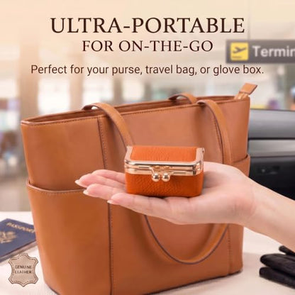 Genuine Leather Mini Travel Jewelry Box Kiss Lock Closure (Orange) - color: Orange
