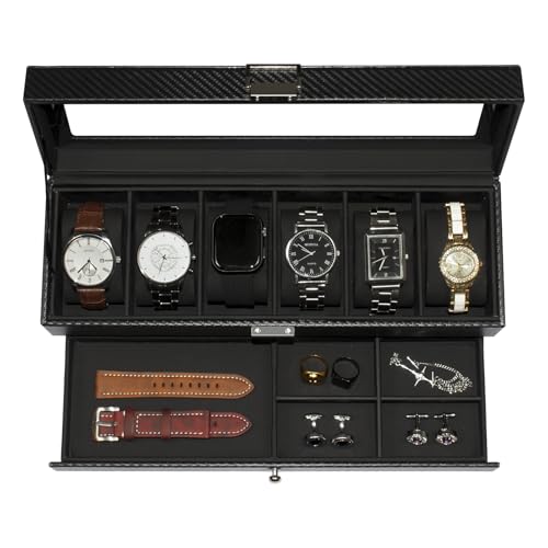 Watch Box, 6 Compartment Watch Display Box with Drawers, Men's Watch Box with Glass Lid, 2 Tier Jewelry and Watch Organizer, Unisex Watch Rack Organizer - style: 6 watches-Black