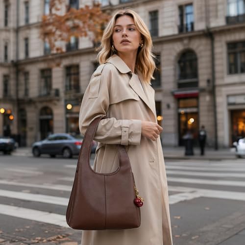 JQWSVE Hobo Bags for Women Vegan Leather Shoulder Bag Large Retro Bucket Tote Bag with Cherry Charm for Travel Work