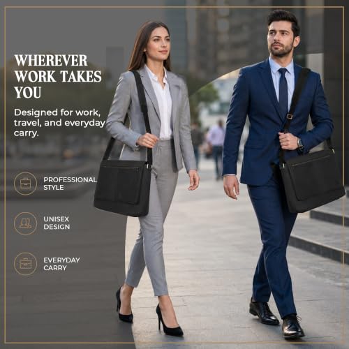 Leather Messenger Bag for Men & Women, Over the Shoulder Bag for Women Crossbody & Mens Briefcase Office Bag - color: Opulent Black