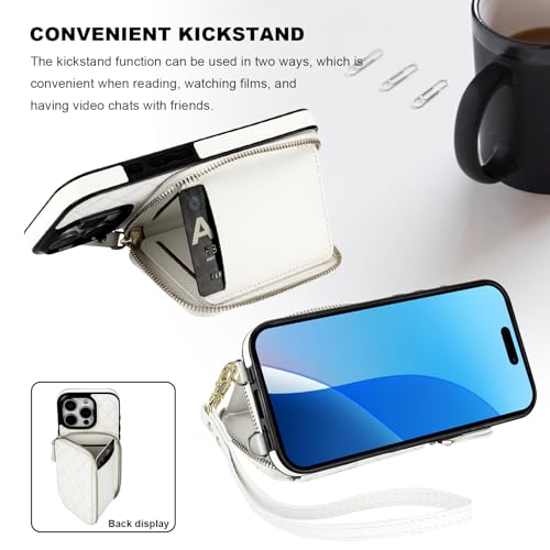 Bocasal Crossbody Wallet Case Card Holder for iPhone 16 Pro, White | RFID Blocking PU Leather Zipper Handbag Purse, Kickstand Flip Folio Case with Card Slots Holder Wrist Strap Lanyard 6.3 Inch - color: White