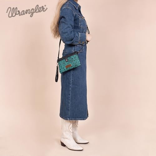 Wrangler Western Cowhide Crossbody Bags for Women Clutch Wristlet Purse - color: Tooling-black