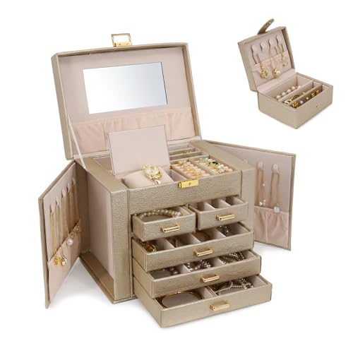 Jewelry Box with Travel Case, PU Leather 5-Layer Jewelry Organizer with Mirror & Lock, Velvet Lining Jewelry Storage for Women, Dresser Top Portable Jewelry Case, Gift for Women (Champagne) - color: Champagne