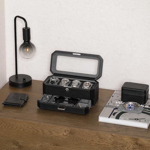 ROTHWELL 4 Slot Leather Watch Box with Valet Drawer - Luxury Case Display Jewelry Organizer, Locking Display Case Holder with Real Glass Top - Watch Box Organizer for Men & Women (Grey) - color: Black / Grey