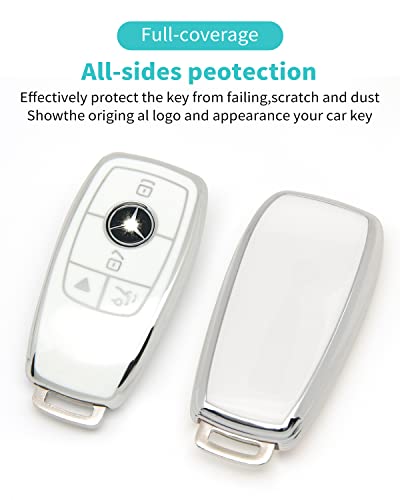 For Mercedes Benz Key cover & Key chain accessories (White set) | Advanced soft TPU key Case is compatible with C E R S G S CLS CLK GLC ML GLE GLS SL SLR Maybach AMG Smart Remote Key - color: Key Case + Sheepskin Metal Key Chain(white)