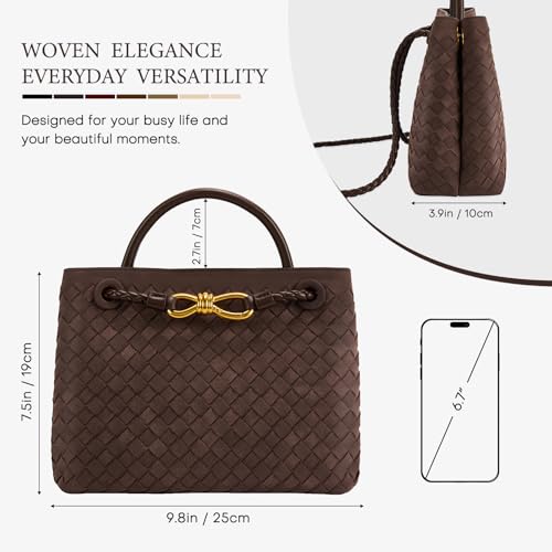 Woven Tote Bag for Women Leather Shoulder Handbag Designer Top Handle Purses - color: B-khaki