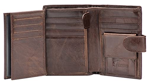 POKOFO Large RFID Genuine Leather Card Holder Trifold Wallet Snap Closure 3 ID Windows for men - color: Chocolate Large
