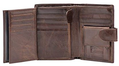 POKOFO Large RFID Genuine Leather Card Holder Trifold Wallet Snap Closure 3 ID Windows for men - color: Chocolate Large