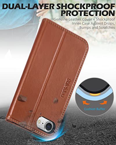 SHIELDON Genuine Leather Case Wallet for iPhone SE 2022/2020, Retro Brown | Magnetic Closure, RFID Blocking, Credit Card Slot, Kickstand, Flip Book Design, Shockproof Phone Cover - color: Brown - Retro