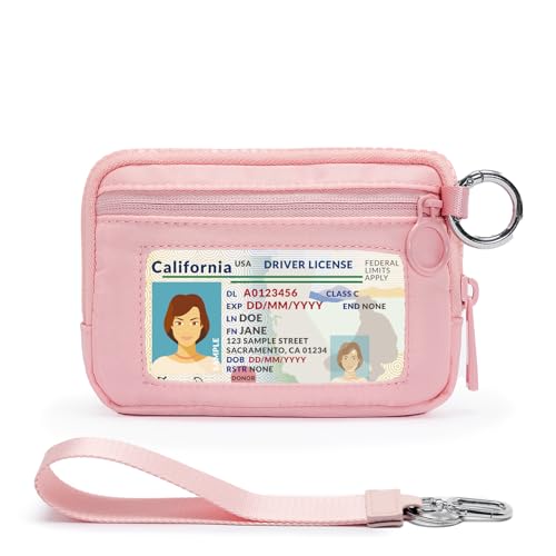Small Wristlet Wallets for Women with Clear ID Window, Keychain Coin Purse | Organized Interior with 3 Card Slots, Inner Mesh Pouch, Lipstick Holder, Metal Key Ring and Detachable Wrist Strap - color: Pink