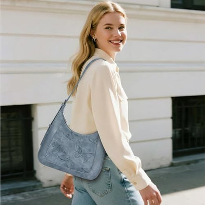 BELTANA Shoulder Bag for Women, Small Vegan Leather Butterfly Hobo Purse - color: Blue