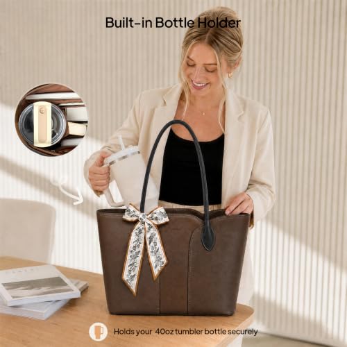Work Tote Bag for Women, Laptop Tote Fits 15.6Inch Computer,Faux Leather Office Bag with Bottle Holder Shoulder Handbags - color: Brown