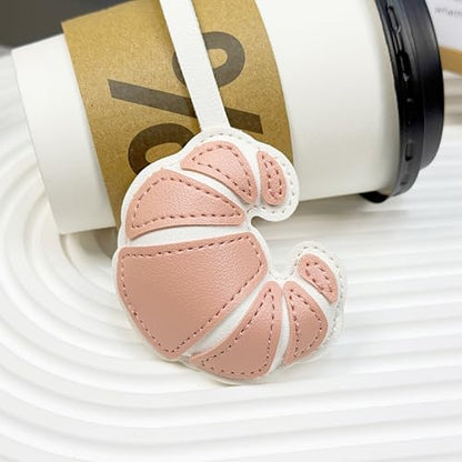 Handmade Leather Croissant Bag Charm, Bread Keychain | Thickened PU Leather, Fade-Resistant, Lightweight, Handbag, Purse Accessory, Unique Gift Idea, Women & Food Lovers - color: Pink Croissant