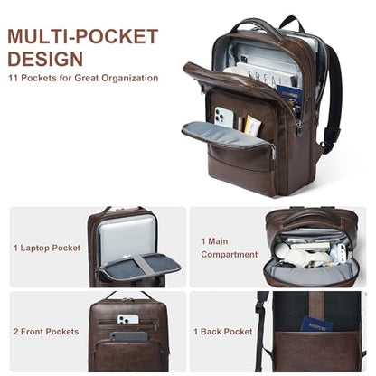 Shrrie 16 Inch Vegan Leather Laptop Backpack for Women and Men | Water Resistant,28L Expandable Computer Backpack,USB Charger,Fits 16" Laptop,Travel Work Business Weekender College Teacher - color: Coffee