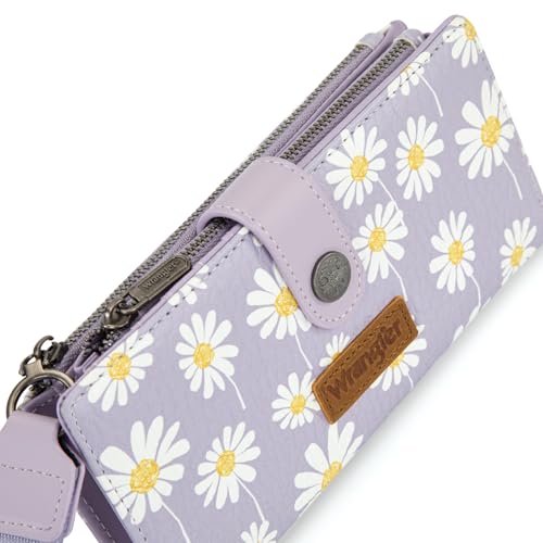 Montana West X Wrangler Wristlet Wallet for Women Daisy Floral Wallet Large Capacity Clutch Wallets with Smooth Zipper and ID Window - color: Daisy-Purple