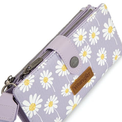 Montana West X Wrangler Wristlet Wallet for Women Daisy Floral Wallet Large Capacity Clutch Wallets with Smooth Zipper and ID Window - color: Daisy-Purple