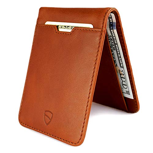 Vaultskin MANHATTAN Slim RFID Blocking Bifold Leather Wallet for Men - Men’s Leather Wallet, Front Pocket Minimalist Card Holder, Holds 9 Cards and Cash, Premium Italian Leather - color: Cognac