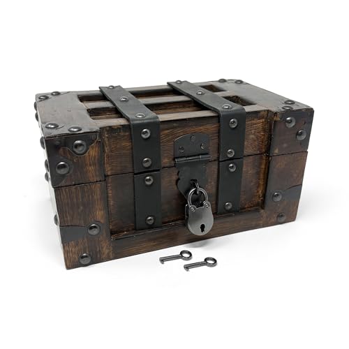 Nautical Cove Deluxe Handmade Rectangular Wooden Treasure Chest – Flat Lid Design with Real Leather Accents, Working Iron Lock & Skeleton Keys, Decorative Storage Box (Small - 8 × 5 × 4") - size: Small 8 × 5 × 4