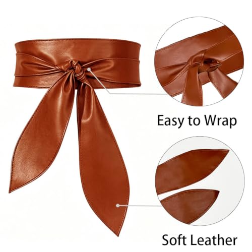 Women Obi Belt Wide Leather Wrap Belts Fashion Knotted Belt for Dress - color: Brown