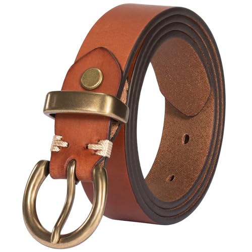 Women's Genuine Leather Belt Solid Brass Buckle | 1.1 Inches Wide,Genuine Cowhide Leather, Soft & Durable, Casual Everyday Style, Fits Jeans Pants, Circle Buckle - color: Tan, size: L (Waist 36-40 Inches)