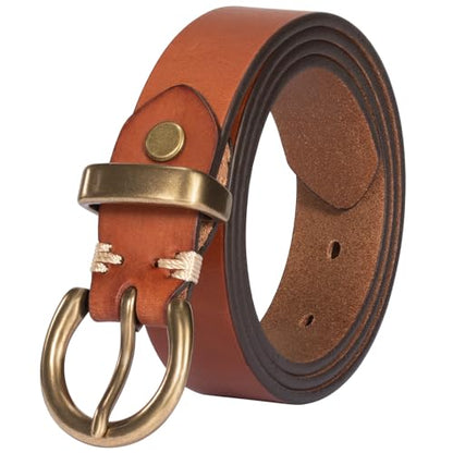 Women's Genuine Leather Belt Solid Brass Buckle | 1.1 Inches Wide,Genuine Cowhide Leather, Soft & Durable, Casual Everyday Style, Fits Jeans Pants, Circle Buckle - color: Tan, size: L (Waist 36-40 Inches)