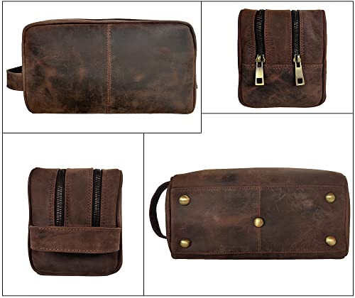 Leather Travel Toiletry Bag for Men, Full Grain Cosmetic Dopp Kit Organizer - color: Dark Brown