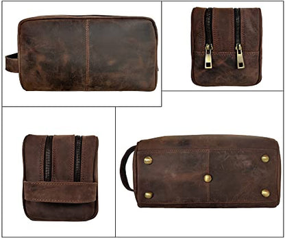 Leather Travel Toiletry Bag for Men, Full Grain Cosmetic Dopp Kit Organizer - color: Dark Brown