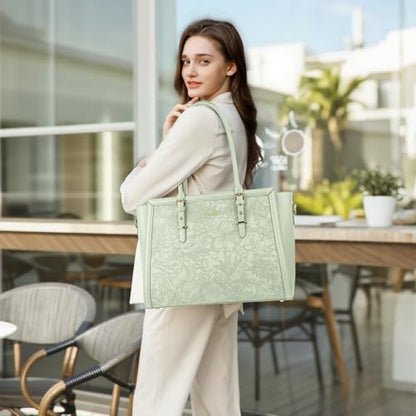 MOSISO Laptop Bag for Women, 17-17.3 inch PU Leather Tote Bag - color: Sage Green, size: 17.3 inch