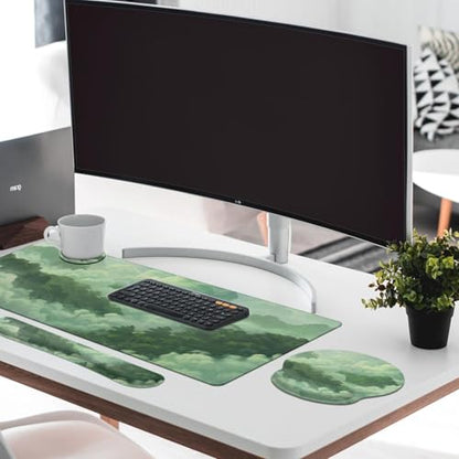 Keyboard Mouse Pad Set, 4 in 1 Desk Mat Set, Forest Mountain | Green Cloud Aesthetic Large Mousepad+Keyboard Wrist Rest+Mouse Wrist Rest+Coaster Ergonomic Design for Home Office Computer - color: Cat at the Window