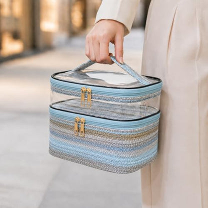 Woven Faux Leather Travel Makeup Bag for Women, Cosmetic Organizer with Clear PVC Top, Large Capacity Toiletry Bag (Blue) - color: 03-Blue