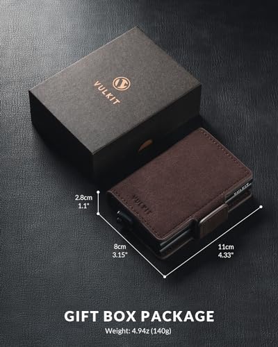 VULKIT Credit Card Holder RFID Blocking Leather Automatic Pop Up Wallet Magnetic Wallet Double Card Case for Men and Women - color: Alcantara Brown