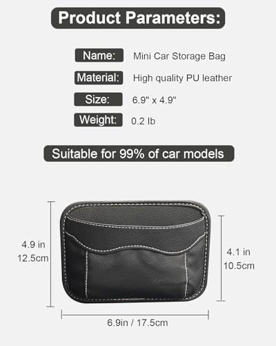 Small Car Seat Side Pocket Organizer, Reusable Adhesive Car Storage Bag | Universal vehicle door & console pouch for phones keys Cards sunglass etc, Suitable for all vehicles, PU Leather, Black